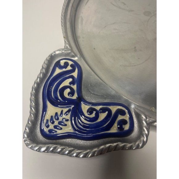 Large Mexican Pewter Serving with Ceramic Tile Inlay Handles Rope Design - Picture 2 of 8